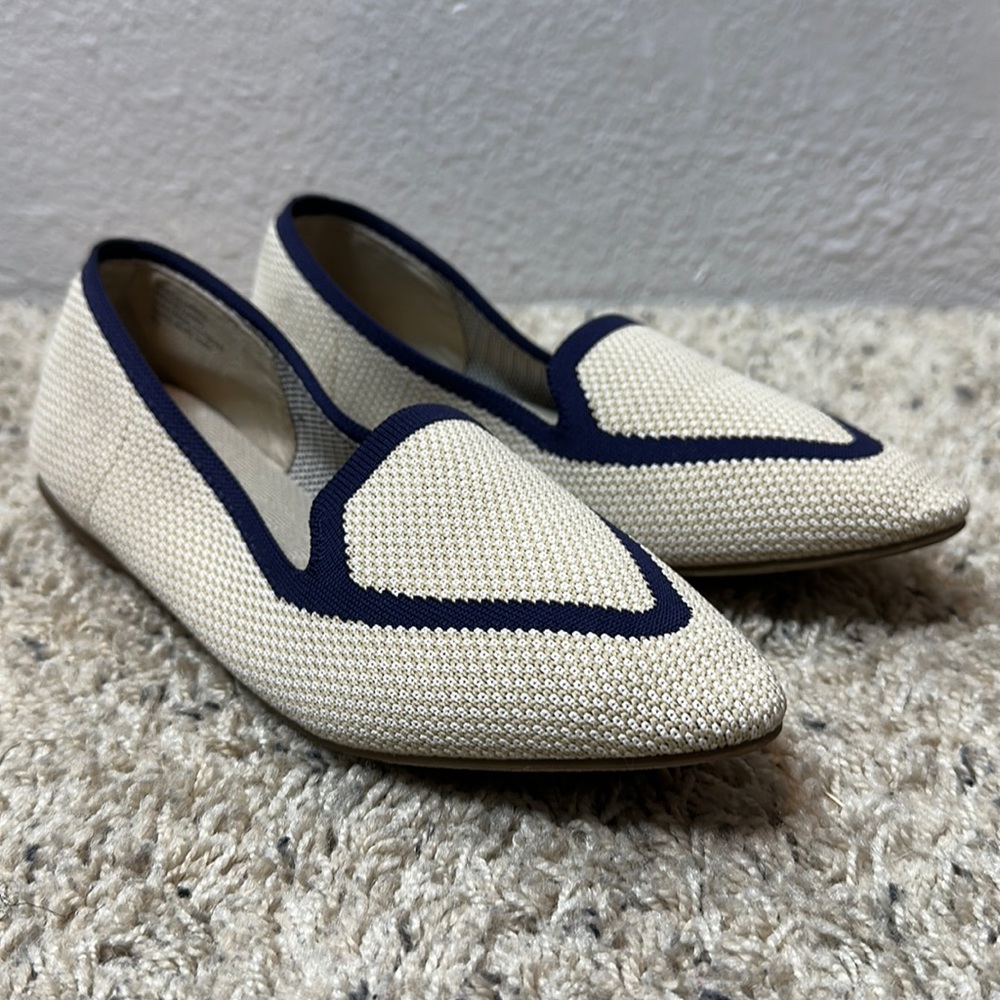 Birdies The Blackbird Size 6.5 In Eggshell Navy Blue Washable Knit Loafers Flats
